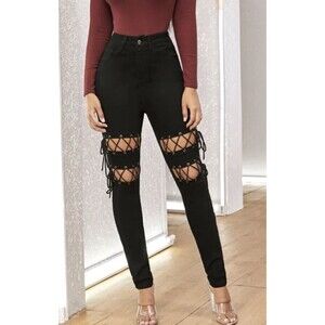 SHEIN Women’s High  Waisted Grommet Eyelet Lace-Up Skinny Jeans Size M Denim
